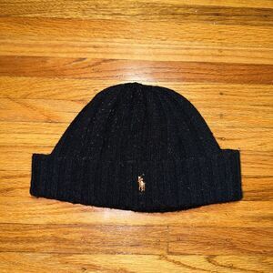 Polo Ralph Lauren Black Wool Pony Horse Beanie Skully Hat One Size Fits All